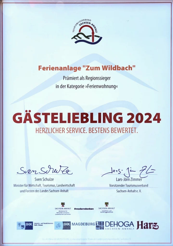Certifikat for gæstefavorit 2024, Zum Wildbach ferieresort.