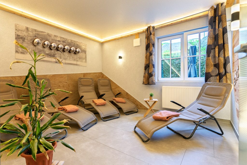 Gezellige ontspanningsruimte met ligstoelen en planten.