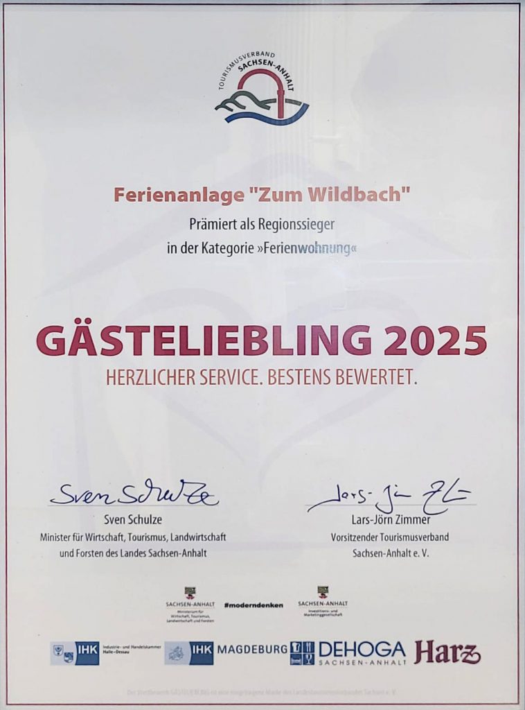 Prijs voor vakantiepark 'Zum Wildbach' 2025 Regionale winnaar Harz - Categorie vakantiewoning